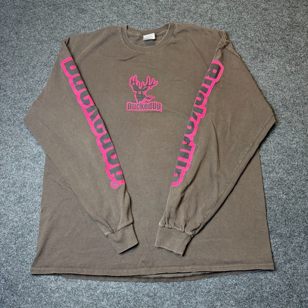 BuckedUp Long Sleeve Shirt Mens XL Brown Pink Deer Logo Graphic Hunting Tee